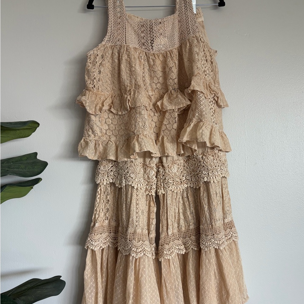 Boho Lace Ruffle Maxi Dress in Beige